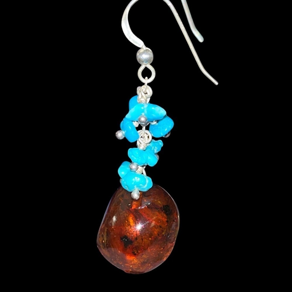 Silver Amber and Turquoise Beaded Dangle Earrings 2”